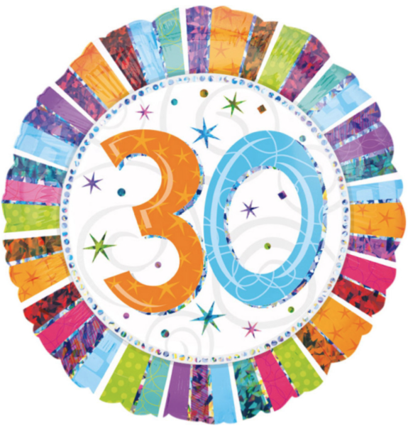 Folienballon - Bunter Rand, Zahl 30 - ø 43cm